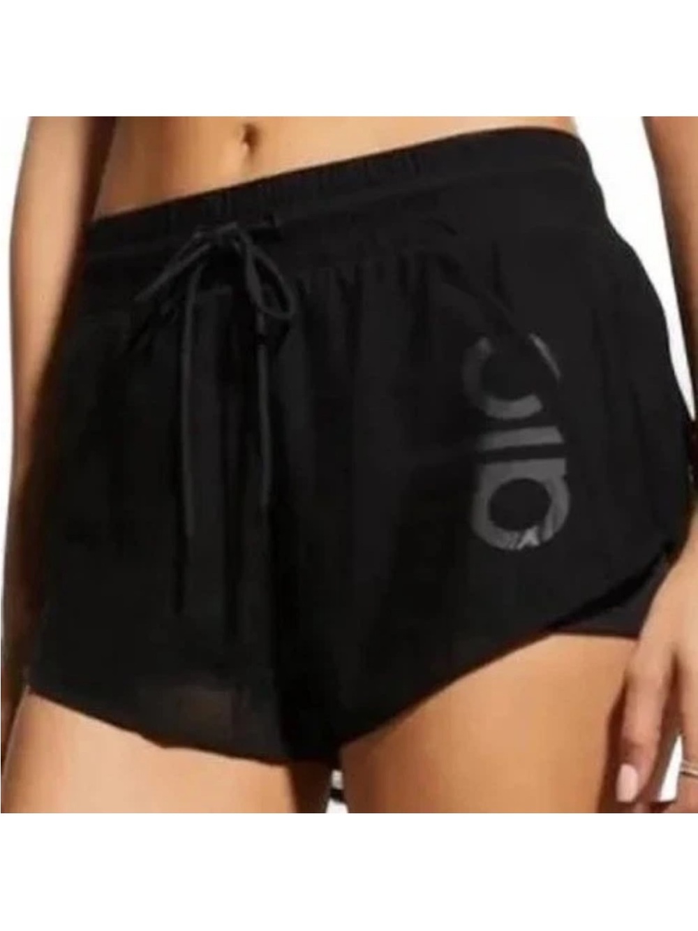 EUC Alo Ambience Short Black Layered See-Thru Mesh BIG Logo sz  XS  2" inseam